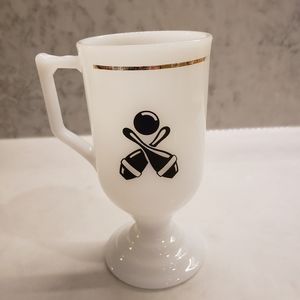 Milk Glass Pedestal Mug with D-handles and Bowling Motif with gilt banding